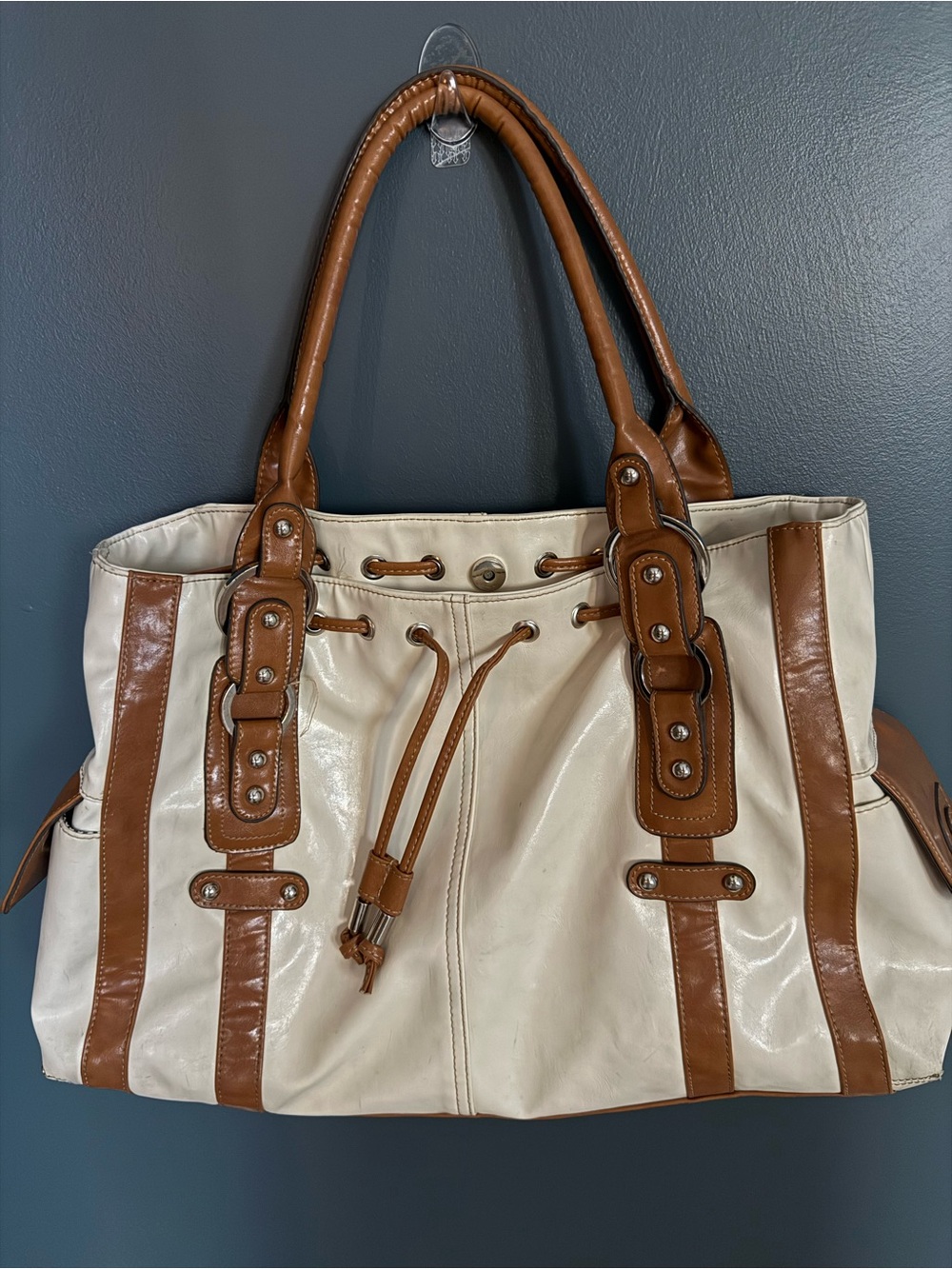 Cream and Brown Leather-Trim Tote Bag